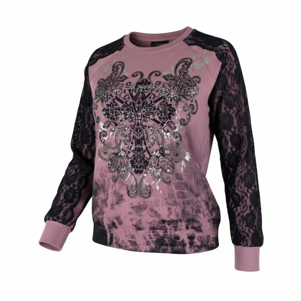 Affliction Majestic Cross Sweatshirt Womens S Pink Black Gothic Lace Bling Y2K
